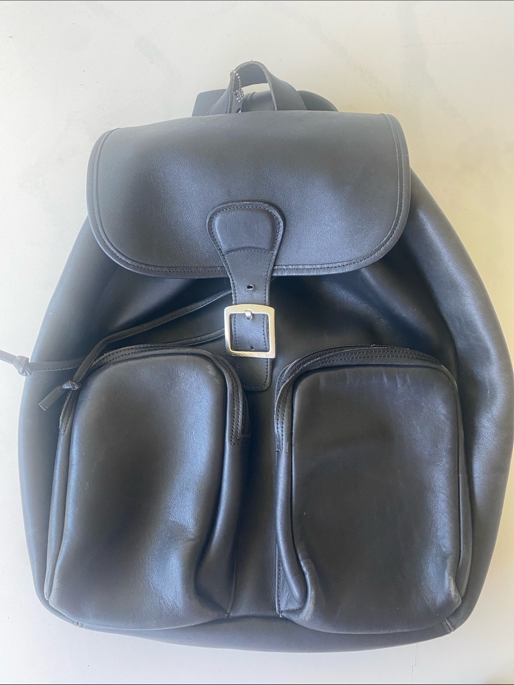 Vintage COACH 14x14 Black Leather Double Pocket Backpack 0528 $299